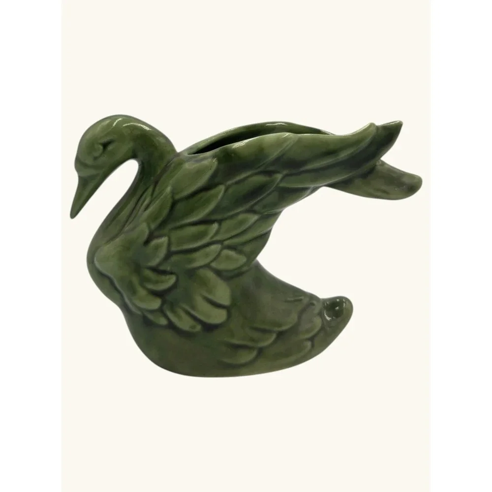 Vintage Royal Hickman Florida Green Drip Glaze Ceramic Swan Planter Figurine